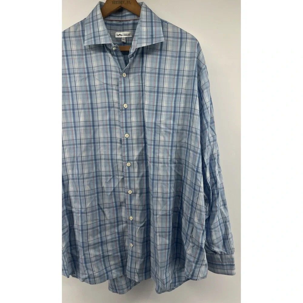 Peter Millar XXL Cotton Silk Blend Button Front Shirt Plaid Long Sleeved Blue